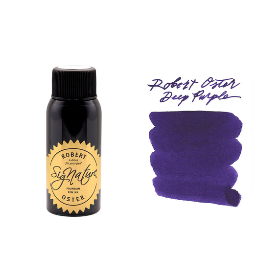 Robert Oster Deep Purple - Bottle and Ink Sample on white background