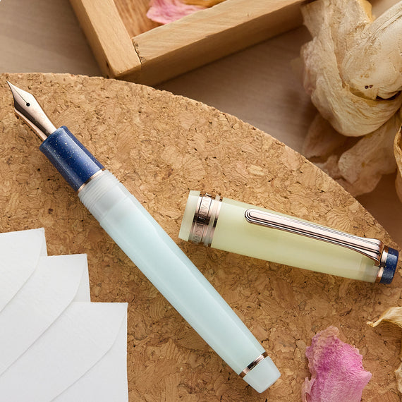 A fountain pen on a cork surface with flowers and paper in the background