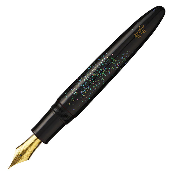 Fountain pen with black and gold design on a white background