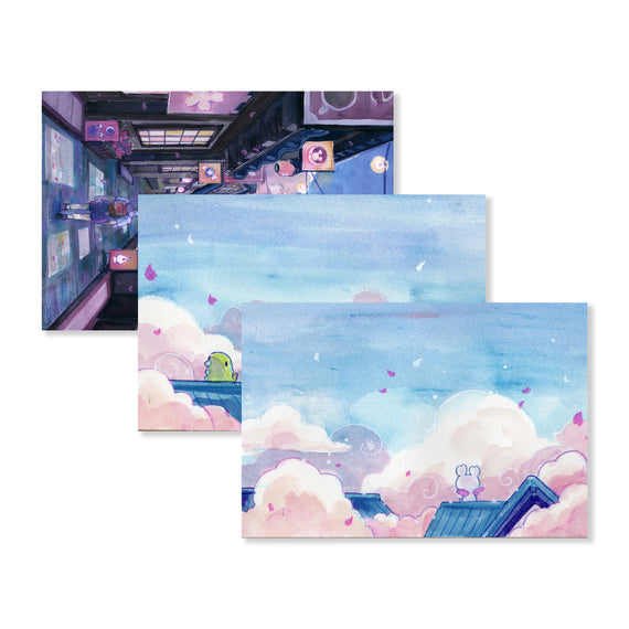Set of 3 Esterbrook Sakura Street postcards featuring whimsical pastel anime-style illustrations with cherry blossom clouds and roofs.