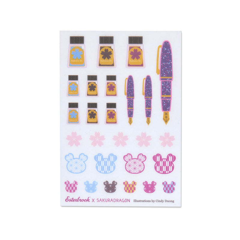 Esterbrook x Sakuradragon sticker sheet featuring illustrations of ink bottles, fountain pens, cherry blossoms, and animal silhouettes.
