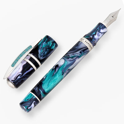 Fountain pen with marbled design on a white background
