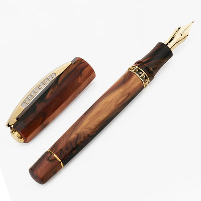 Wooden-looking fountain pen with gold accents on a white background