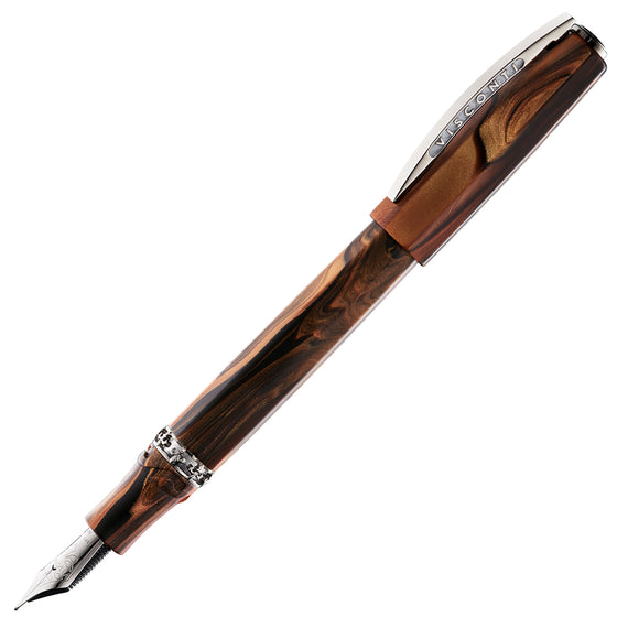 Wooden-looking fountain pen with silver accents on a white background