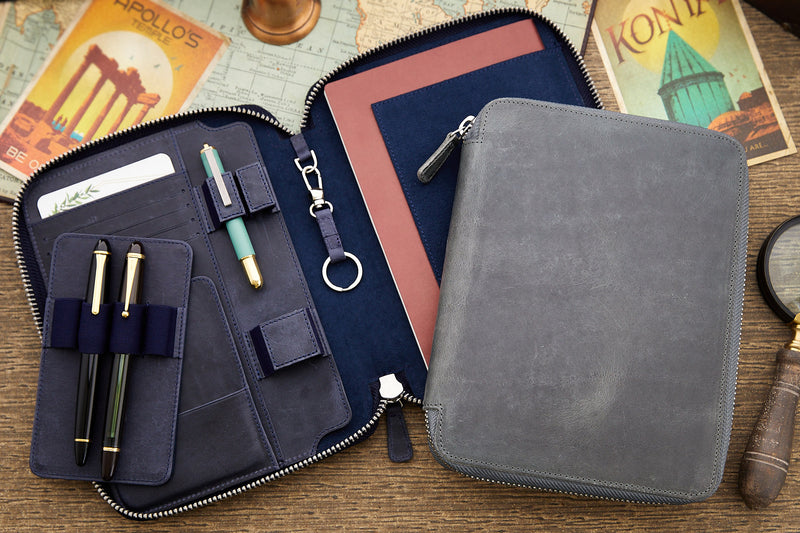 Galen Leather Zippered A5 Notebook Folio - Crazy Horse Navy Blue