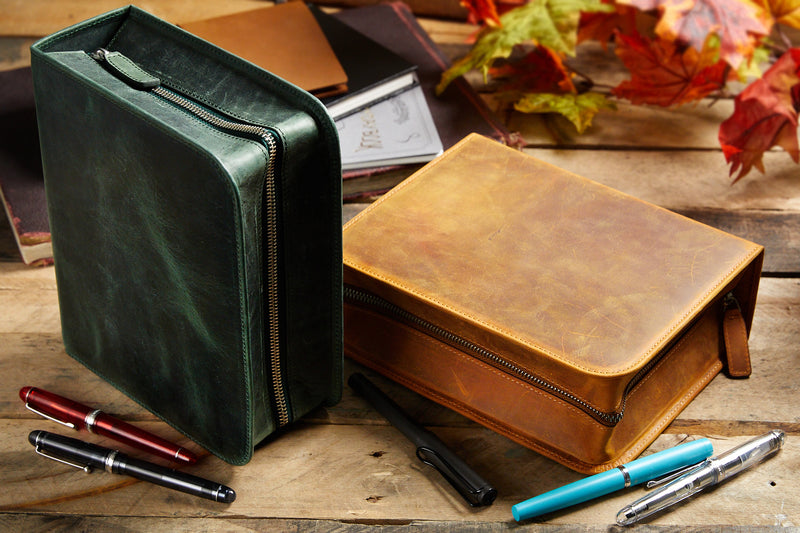 Galen Leather Zippered 40 Slot Pen Case - Crazy Horse Brown